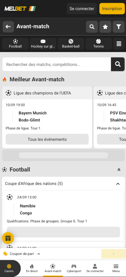Capture d'écran de l'application Melbet — page des paris sportifs