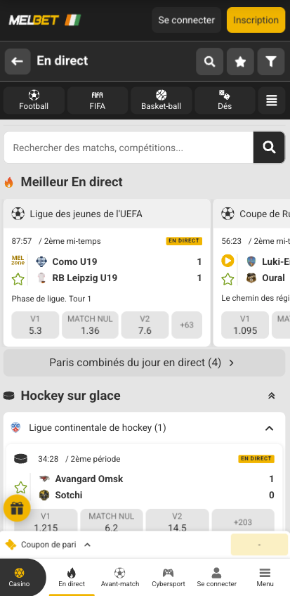Capture d'écran de l'application Melbet — paris en direct