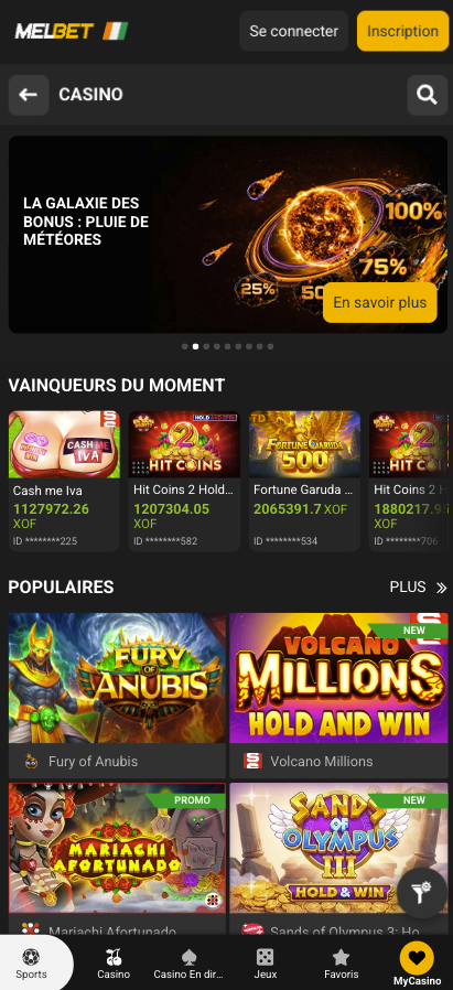 Capture d'écran de l'application Melbet — section casino