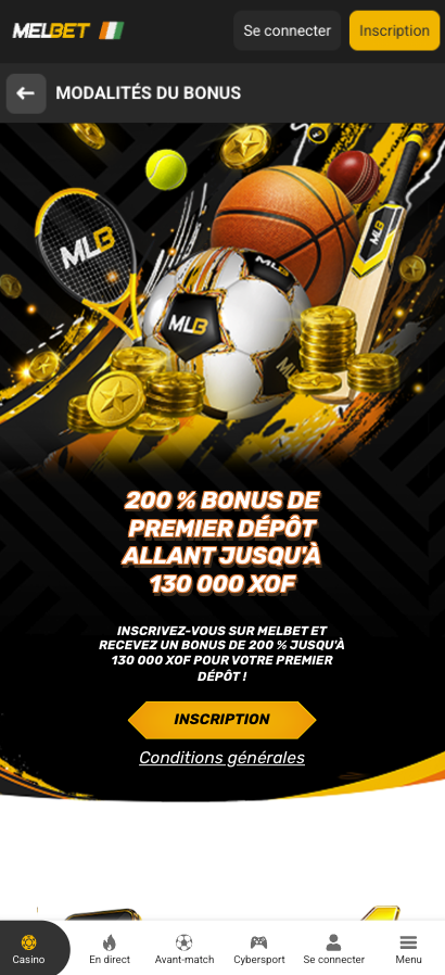 Capture d'écran de l'application Melbet — dépôt via mobile money
